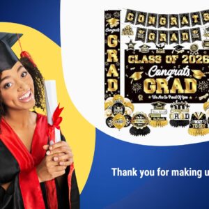 Graduation Decorations Class of 2026 Black and Gold Party Decor Set include Congrats Grad Banner Graduation Backdrop Class of 2026 Balloons Party Supplies