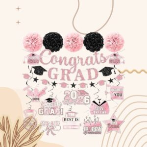 2026 Pink Graduation Decorations,graduation Decorations Class Of 2026 Rose Gold Graduation Banner Congrats Grad Hanging Swirls for College Grad Party