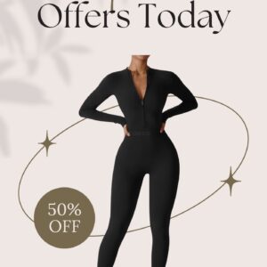 YEOREO Women Long Sleeve Workout Jumpsuit Zip Up Romper Bottom Pants Bodysuit Bodycon Sexy One Piece
